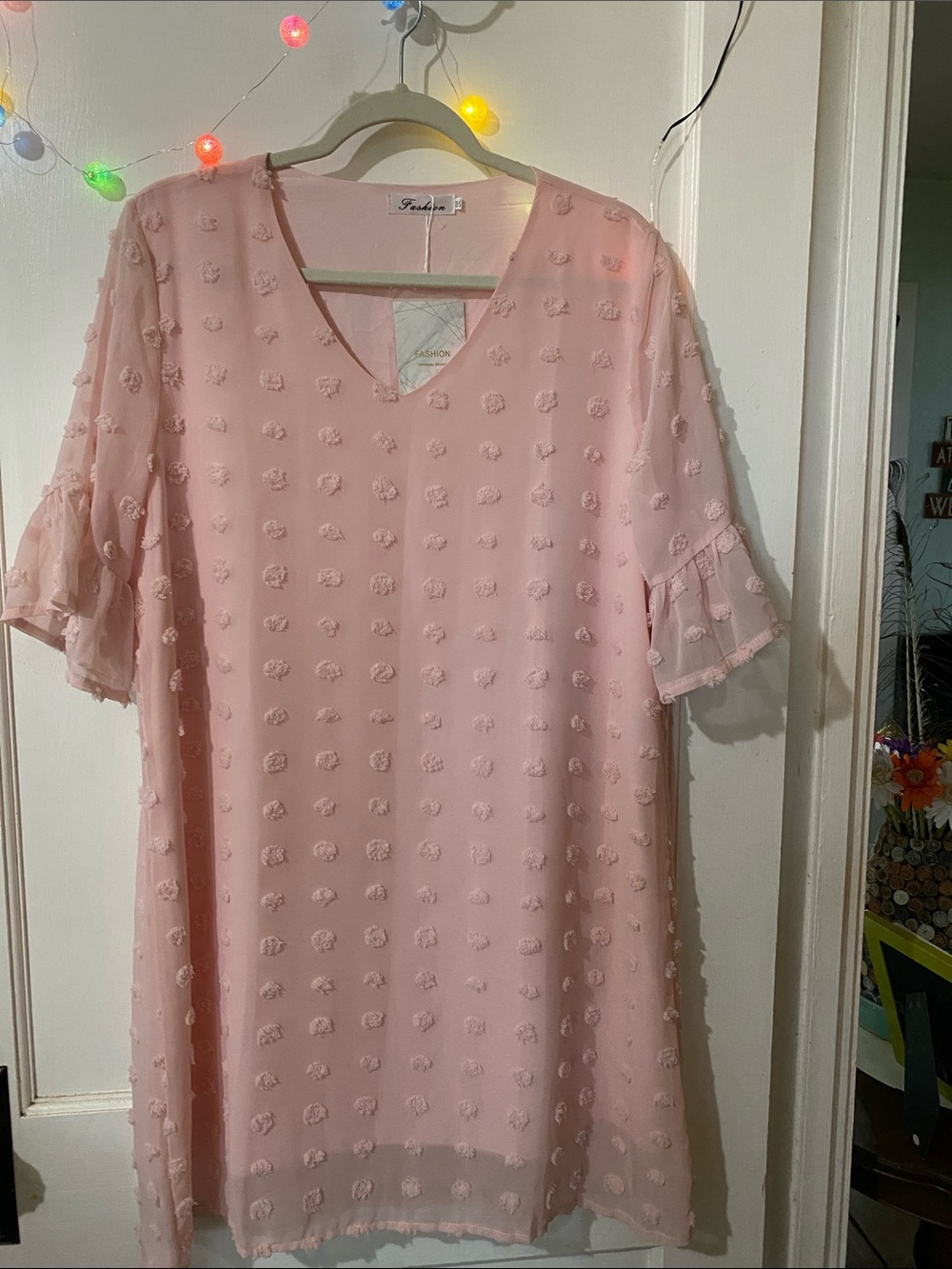 Fashion Pink Swiss Dot V-Neck Shift Dress